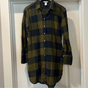 H&M Green and Blue Plaid Button-Up Shirt Dress Size 10